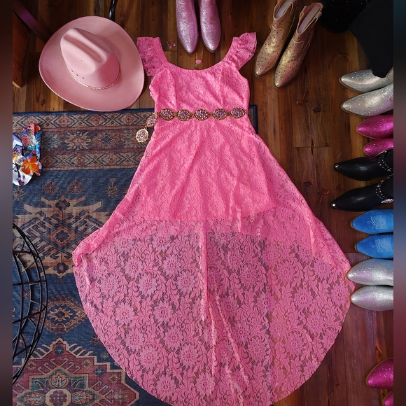 Women's hot pink high low dress with lining - Picture 3 of 4